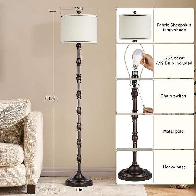 63.5'' Floor Lamps for Living Room, Farmhouse Floor Lamp for Bedroom with 3 Color Temperatures, Vintage Standing Lamp, Tall Lamp with Remote, Chain Switch, Bulb Included, Black