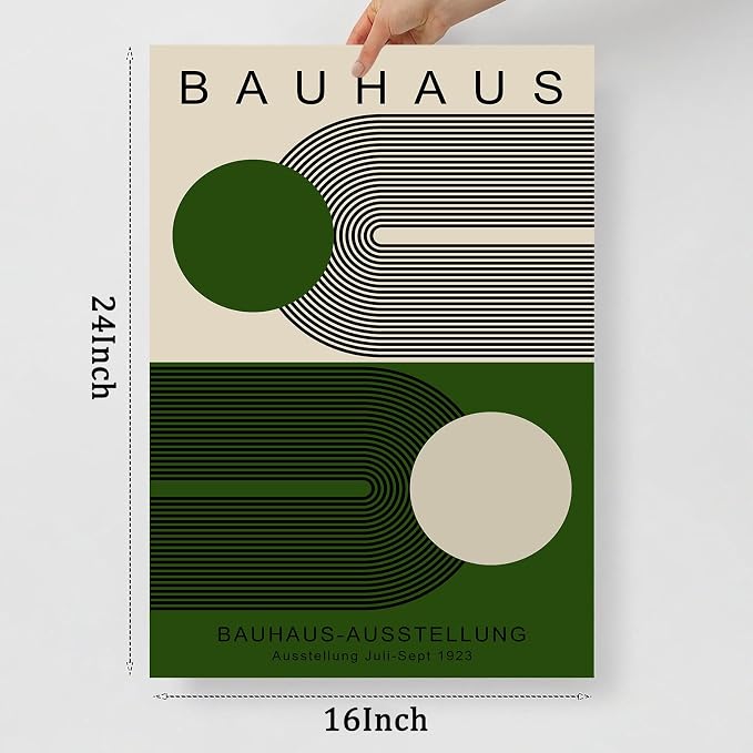 Minimalist Green Bauhaus Wall Art Abstract Geometric Prints Modern Boho Picture Contemporary Artwork Bauhaus Exhibition 1923 Poster Mid Century Modern Painting Green and Beige Canvas 16x24in Unframed