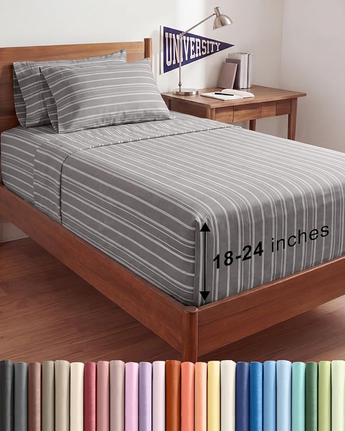 Extra Deep Twin XL Sheet Set - 4 Piece College Dorm Bed Sheets Set with Extra Deep Pockets - Ultra-Soft, Comfy & Breathable Bedding for Women, Men, Kids & Teens - Wrinkle & Fade Free - Grey Stripes 3