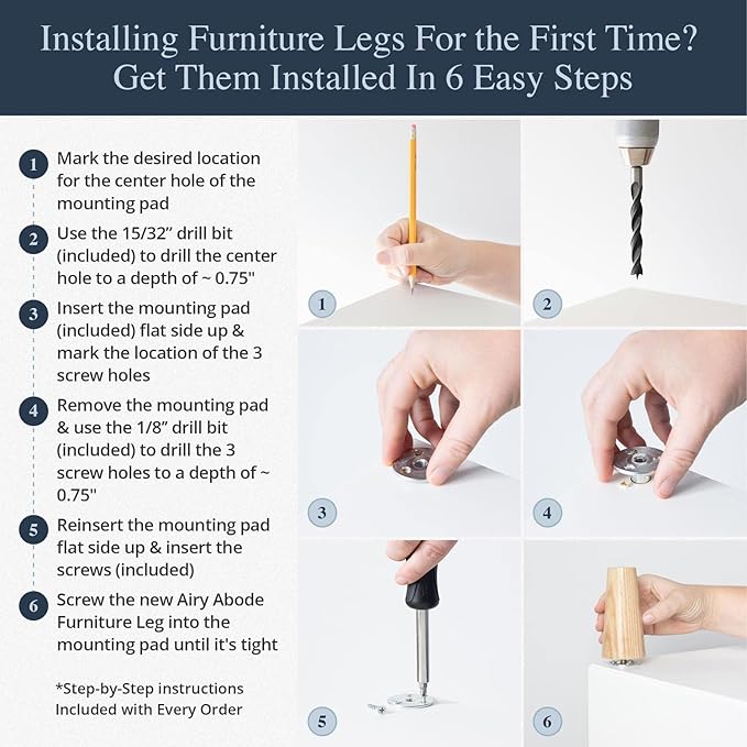 Airy Abode Premium Ash Wood Furniture Legs (Full Install Kit) - Pick Your Size and Color