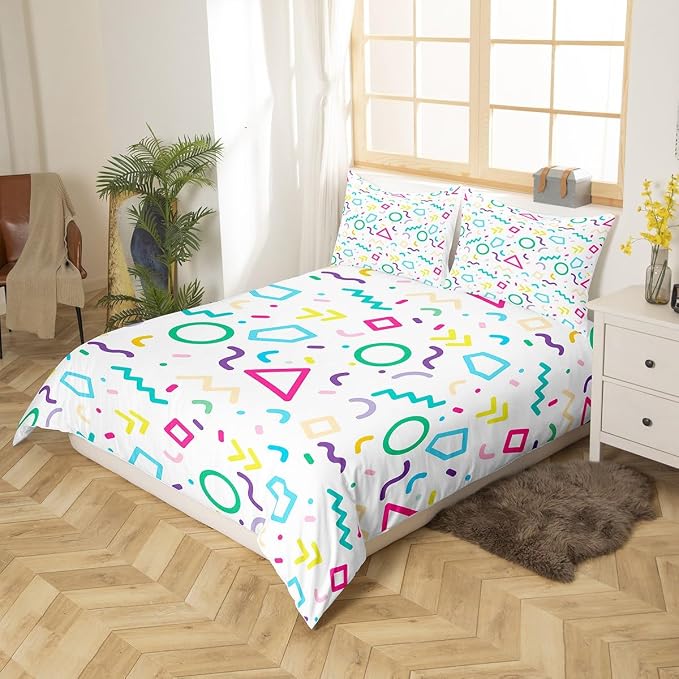 Memphis Duvet Cover Set Twin Size, Colorful Geometric Vintage Bedding Set for Kids Boy Girls, Retro 80s or 90s Fashion Style Comforter Cover Soft Polyester Quilt Cover with 1 Pillowcase,No Comforter