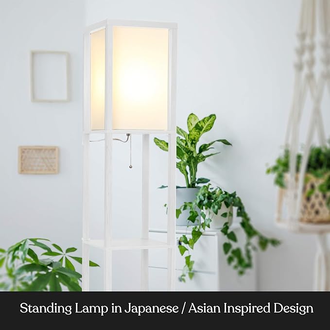 Brightech Maxwell - Modern Shelf Floor Lamp with Lamp Shade & Warm White LED Bulb, Corner Display Floor Lamp with Shelves for Living Room, Bedroom, Nightstand Office, Home Decor Storage - White