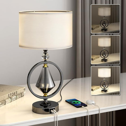C06-2 20.8” Art Deco Bedside Table Lamp - 3-Way Dimmable Touch Control, USB A+C/AC Outlet, Bulb Included, Ideal for Living Room Nightstand Bedroom