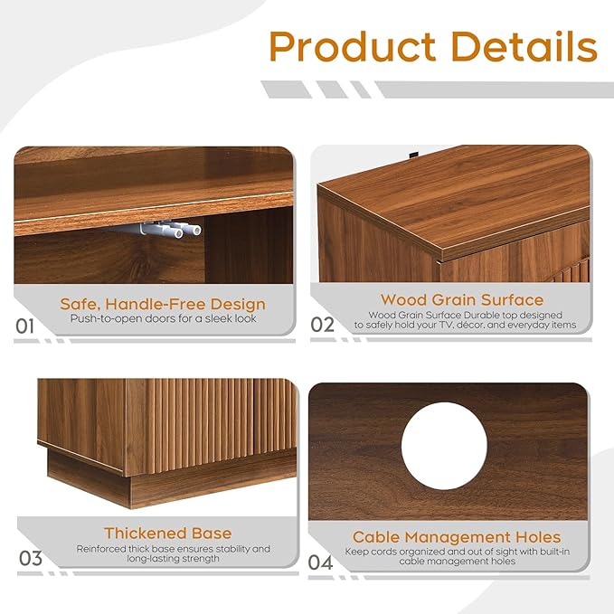 Yechen 67" Walnut Fluted Sideboard Buffet Cabinet with 4 Arched Reeded Design Doors &3 Drawers, Mid Century Modern Credenza Storage Cabinet with Adjustable Shelves, for Living Room Dinning Hallway