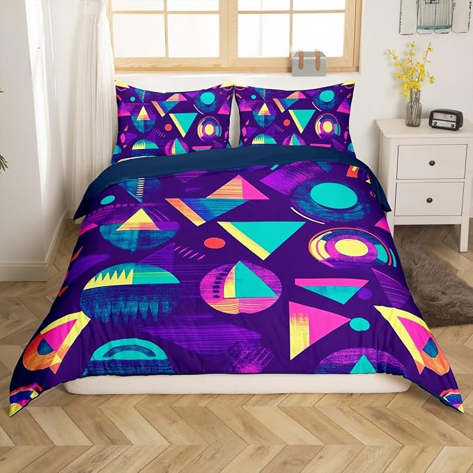 Retro 80s Style Bedding Set Queen,Abstract Geometric Pattern Duvet Cover Urban Modern Design With Circles And Triangle Comforter Cover Colorful Pop Art Inspired Pattern Quilt Cover For Boys Child