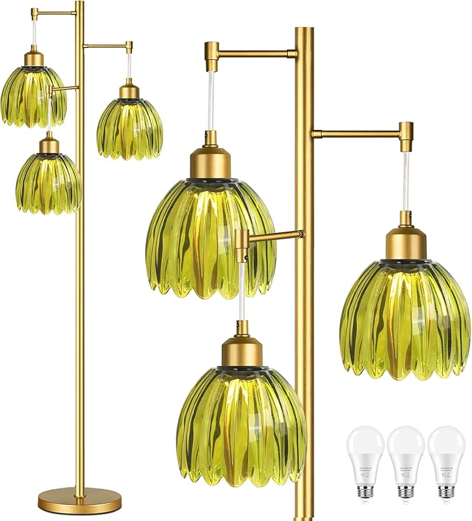 Glass Floor Lamp for Living Room,Bedroom,Gold Mid Century Modern Standing Lamp Brass Tree 3 Light Tall Floor Lamps Vintage Floor Lights Green Tulip Flower Lamp Shade Farmhouse Boho Bohemian