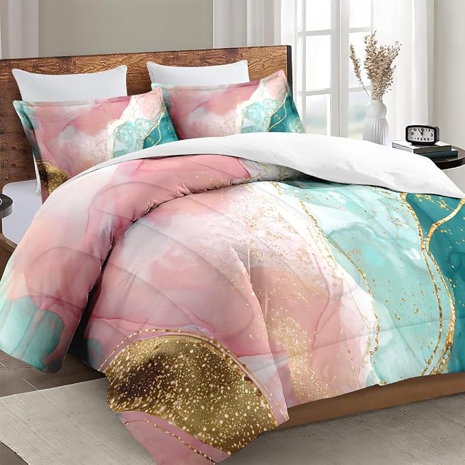 Comforter Set with 2 Pillowcases King Size, Pink Teal Gold Marble, Bed Decor Turquoise Rose Dye Abstract for Kids and Adults, Soft Cozy Bedroom Bedding Set