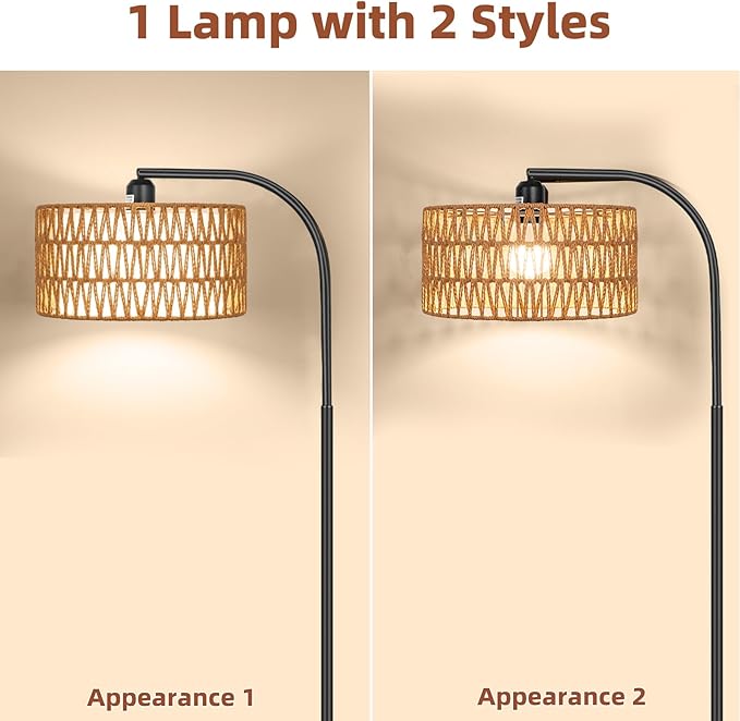Rattan Floor Lamps for Living Room, Boho Standing Lamps with Rattan& Linen Double Shades, Arc Lamps Floor Standing with 9W Bulb, Foot Switch, Bohemian Floor Lamps for Bedroom, Office