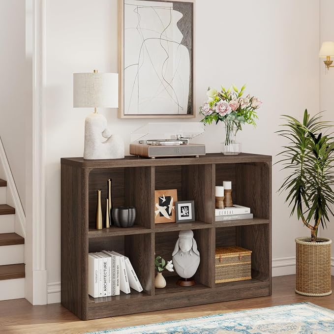FATORRI 6 Cube Storage Bookcase, Rustic Wood Horizontal Bookshelf with Rounded Corners, Low Cube Organizer Shelf for Living Room, Bedroom, Office (Dark Walnut, 43 Inch)
