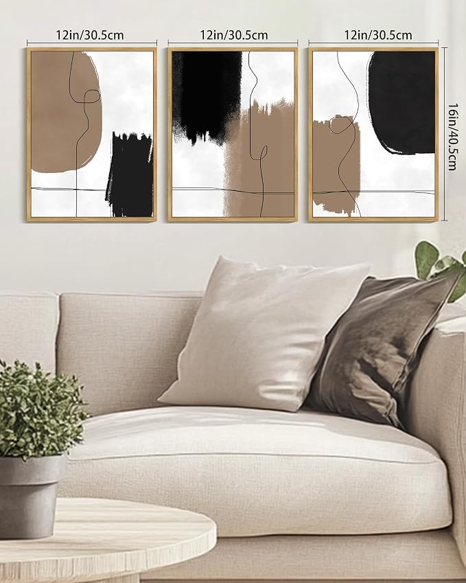 KUVIOKE Neutral Abstract Framed Wall Art Beige Mid Century Textured Wall Decor Minimalist Line Modern Illustrations Art Print for Living Room Bedroom 12x16in (Natural Framed)