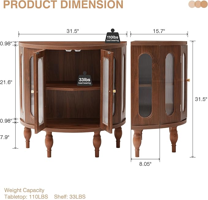 XUZENEST 31'' Sideboard Buffer Cabinet with Storage, Semi-Circle Modern Accent Storage Cabinet with Wooden Finish & Acrylic Doors, Console Table for Living Room Entryway Hallway (Walnut)