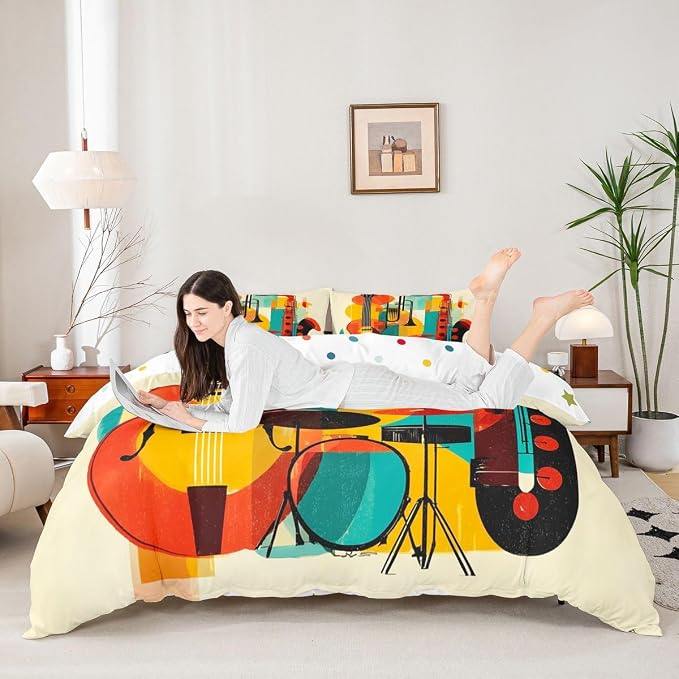 Erosebridal Retro Music Bedding Set Queen for Kids Adults - Abstract Musical Instrument Duvet Cover Mid Century Modern Jazz Comforter Cover,Trendy Geometric Square Bed Set