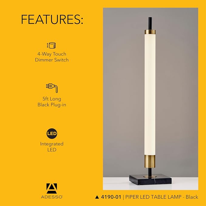 Adesso LED Table Lamp – Black with Antique Brass and Frosted Shade, 4-Way Brightness, 12W Integrated LED Accent Light for Living Room, Bedroom, and Home Office, 30” Tall