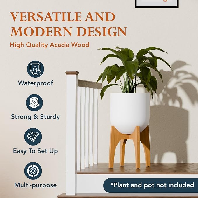 KUTE NEST 13" H x 14.8" W Acacia Solid Wood Plant Stand, Mid Century Plant Holder for Outdoor & Indoor Use, Ideal for Corso & Arco Planter, Golden Finish for Modern Home (Golden Teak, High - Small)
