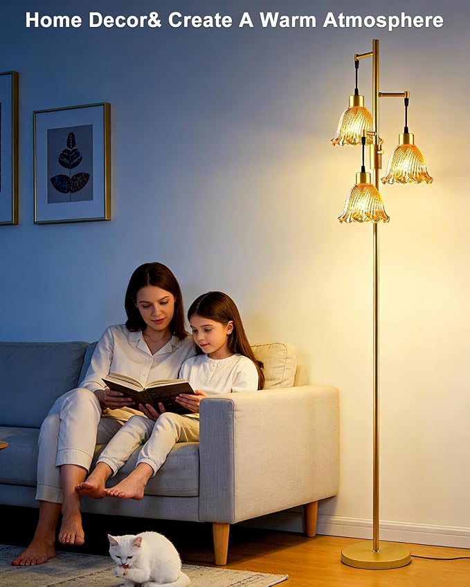3-Light Modern Glass Floor Lamp, Gold Standing Tall Lamp with Amber Glass Shade for Reading, Dimmable LED Floor Lamp with 5Lbs Heavy Base for Living Room Bedroom Home Decor, Bulb Included