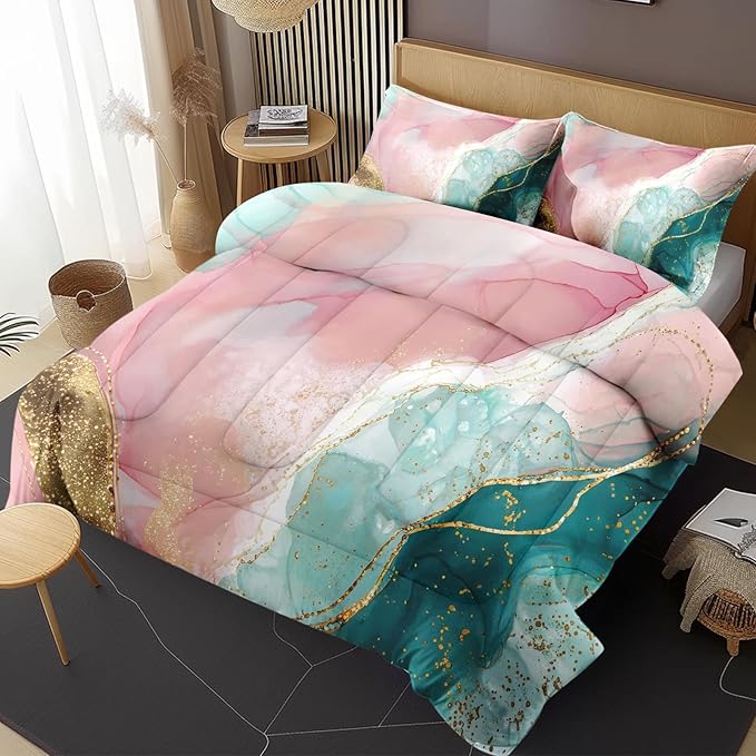 Comforter Set with Pillowcase Twin Size, Pink Teal Gold Marble, Bed Decor Turquoise Rose Dye Abstract for Kids and Adults, Soft Cozy Bedroom Bedding Set
