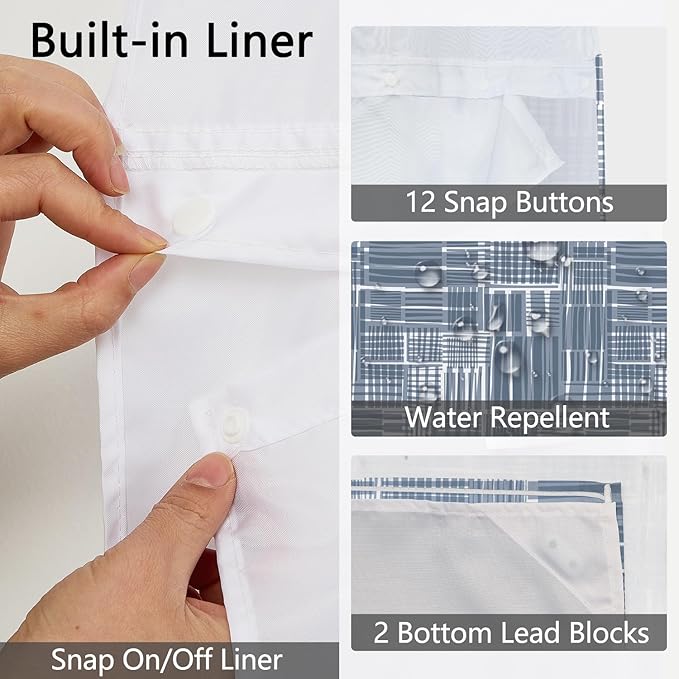 No Hook Geometric Shower Curtain with Snap in Liner - Gray Blue Modern Geometric Design, Waterproof Fabric Shower Curtains for Modern Bathroom with Mesh Top Window, 71x74 Inch