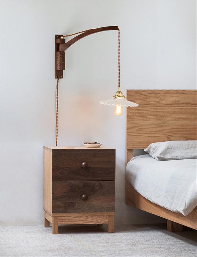 Classic Retro Walnut Lamp, Ceramic/Glass/Bronze Lampshade, Long Arm Swing Arm Folding Adjustable Wooden Light, Indoor Lighting, Sconce, Decoration,B