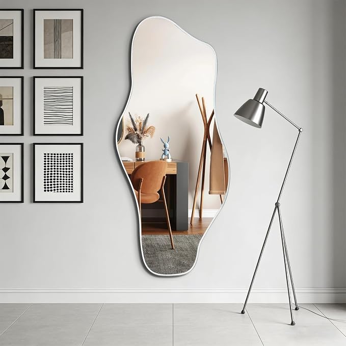 Irregular Wall Mirror, 54.5"x24" Silver Asymmetrical Tempered Glass Mirror, Large Frameless Organic Shaped Mirrors for Entryway Hallway Bedroom Living Room, Horizontal or Vertical Hanging