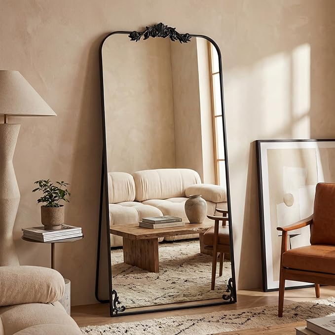 Antok Arched Full Length Mirror, 32"x71" Floor Mirror with Carved, Full Body Mirrors for HomeDecor, Standing/Halling Large Wall Mirror for Bedroom, Living Room, Cloakroom, Black, Luxury Style