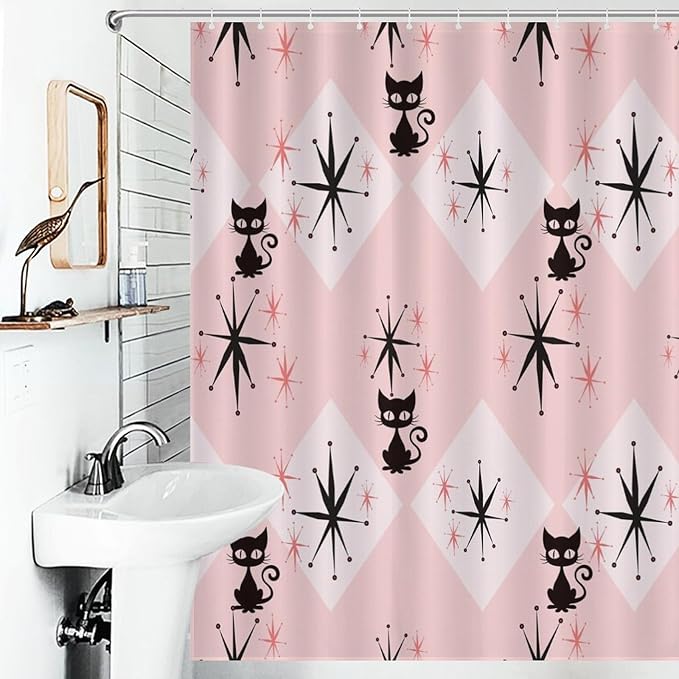 Mid Century Modern Shower Curtain,Pink Retro Atomic Cat Abstract Geometric 1960s Fabric Bathroom Decor Curtains with Hooks 66x72in（168x183cm）