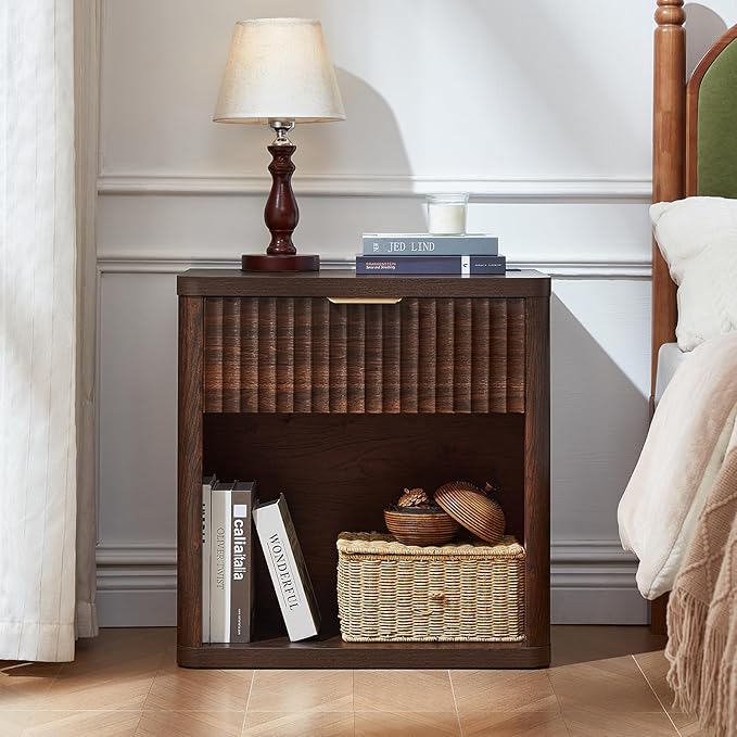 LEYAOYAO Fluted Farmhouse Nightstand Set of 2 with Charging Station, 23" Wide 1 Drawers Night Stand,Walnut Dresser for Bedroom,Bed Side Table Chest of Drawers,Wood End Table for Living Room