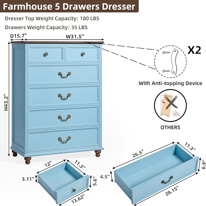 Farmhouse 6 Drawer Dresser Set of 2 for Bedroom, 42" Tall Rustic Chests of Drawers w/ 4 Solid Wood Feet, Mid Century Vintage Wooden Closet Storage Dressers Organizer for Living Room,Light Blue