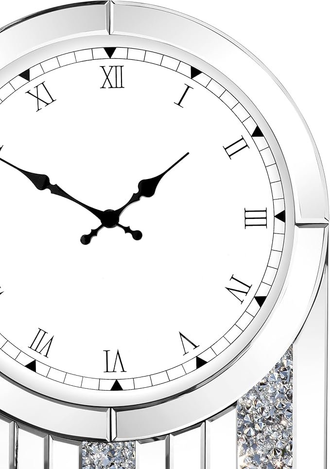 SHYFOY Luxury Mirrored Table Clock, 21.7 Inch Desk Clock with Crystal Accents, Silent Non-Ticking Decorative Desk Clock, Battery Operated, Elegant Living Room, Bedroom, Office Decor