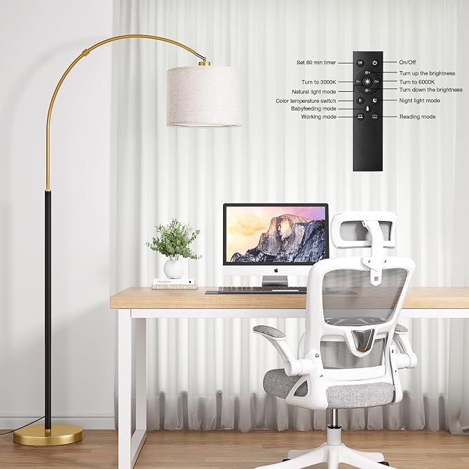 Ambimall Dimmable Arc Floor Lamp with Remote, Color Temperatures and Brightness Adjustable, Arched Floor Lamp with Rotating Head, Over Couch Arched Reading Light for Living Room (Black and Gold)