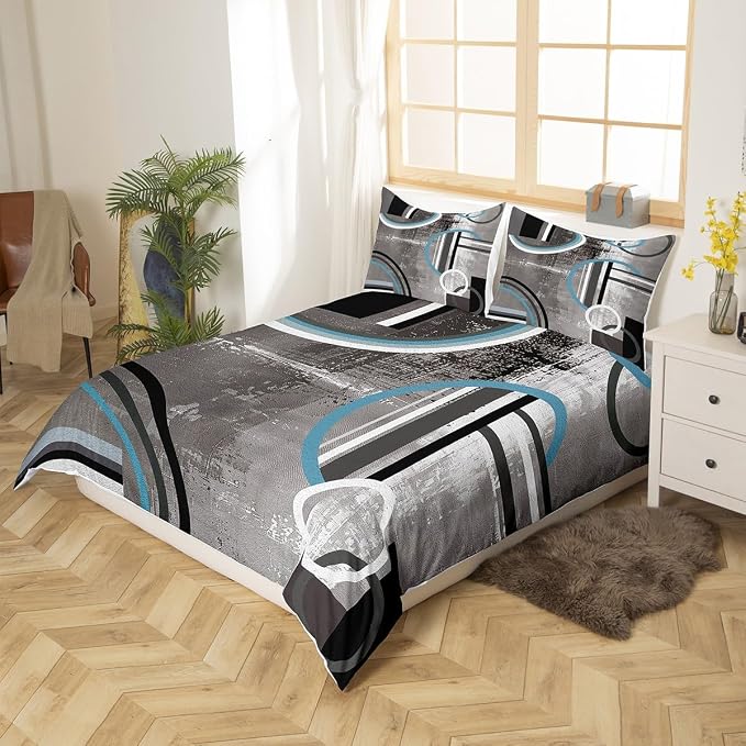 Erosebridal Geometric Circles Comforter Cover Queen,Black Gray Duvet Cover for Kids Boys Girls Teens,Grunge Watercolor Bedding Set,Swirls Stripe Bedspread Cover Bedroom Decor 3Pcs with 2 Pillow Cases