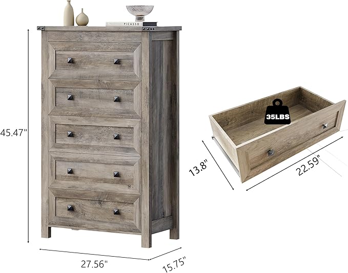 Grey Dresser Tall 5 Drawer Dresser for Bedroom, Wooden Dressers & Chests of Drawers with Metal Handles, Modern Storage Cabinet and Organizer Drawers for Living Room, Hallway, Gray