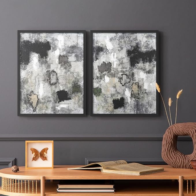 Renditions Gallery Set of 2 Peel & Stick Framed Prints, Abstract Wall Art, Hand Painted Black and White Pattern Wall Decor, Re-Stickable - Ready to Hang - 11"x14" - Black Frame LT588