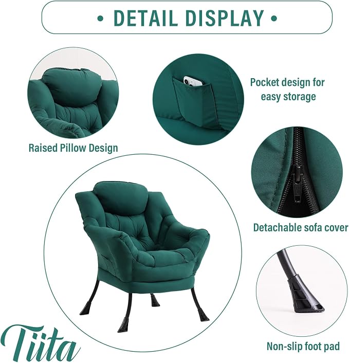 Tiita Lazy Chair, Green Modern Large Accent Armchair, Comfy Leisure Sofa Reading Chair for Bedroom, Living Room, Dorm Rooms, Garden and Courtyard, Green