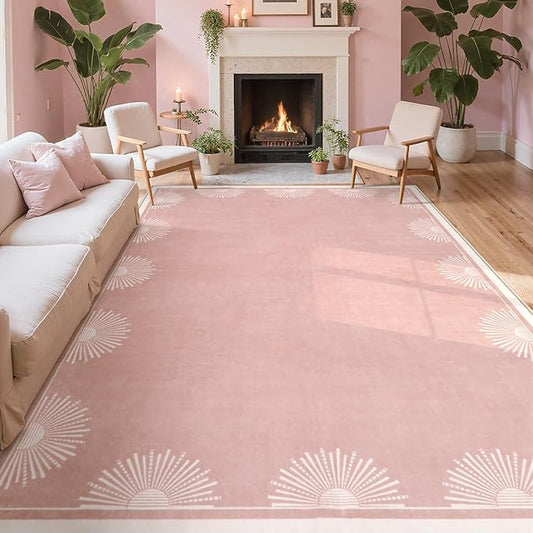 Hedlive Modern Pink 8x10 Rug for Living Room,Ultra Thin Washable Bedroom Rug 8x10 Under Bed, Non Slip Sun Print Large Rugs, Non Shedding Throw Carpet for Girls Room Nursery Dorm(8'x10',Pink)