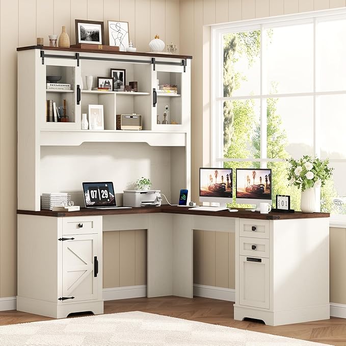 Squireewo 68.9'' Farmhouse L Shaped Desk with Hutch and Drawers, 76" High Wood Executive Home Office Desk with Charging Station, File Drawer and Cabinet, Computer Corner Desk with Sliding Doors, White