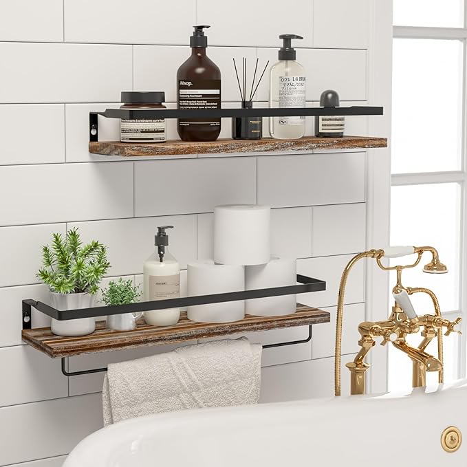 Floating Shelves for Wall, Bathroom Shelves with Towel Bar, Wall Mounted Storage Shelves for Kitchen, Bathroom, Set of 2 White Washed