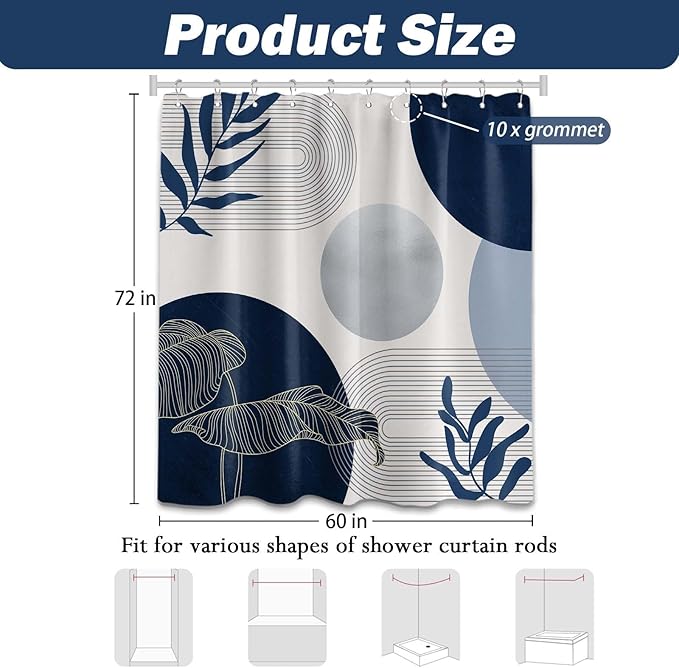 Navy Blue and White Shower Curtain Mid Century Modern Dark Blue Boho Shower Curtains for Bathroom Decor MCM Mens Cool Bath Curtain Set, Waterproof Fabric with Hooks 60 x 72 Inch