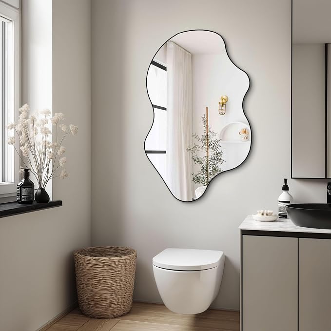 Irregular Wall Mirror, 31.5"x23.6" Asymmetrical Frameless Mirrors, Organic Shaped Mirrors for Bathroom Bedroom Hallway Entryway Living Room, Horizontal or Vertical Hanging