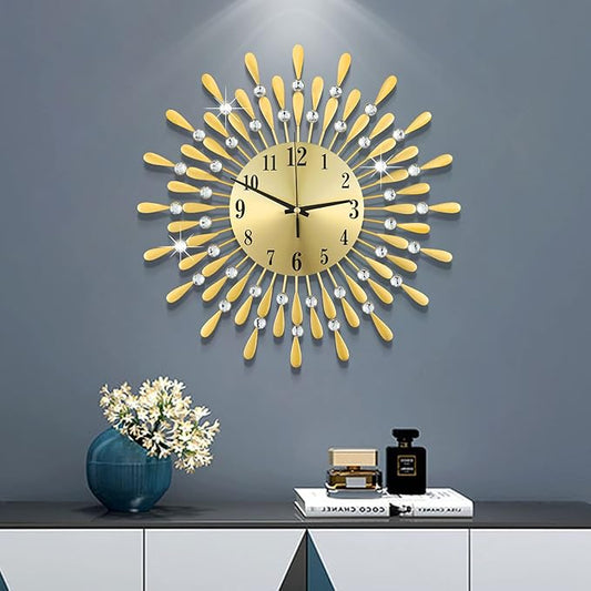 24 INCH Gold Large Wall Clock for Living Room Decor,Non-Ticking Quiet Metal Petals Dial Glass Big Wall Clocks Black for Bedroom,bedrooms Kitchen and Small Space Decoration