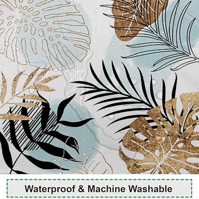 Abstract Mid Century Shower Curtain 72Wx96H Boho Geometric Light Blue Black Golden Leaves Minimalist Aesthetic Modern Art Fabric Waterproof Home Bathroom Decor 12 Plastic Hooks