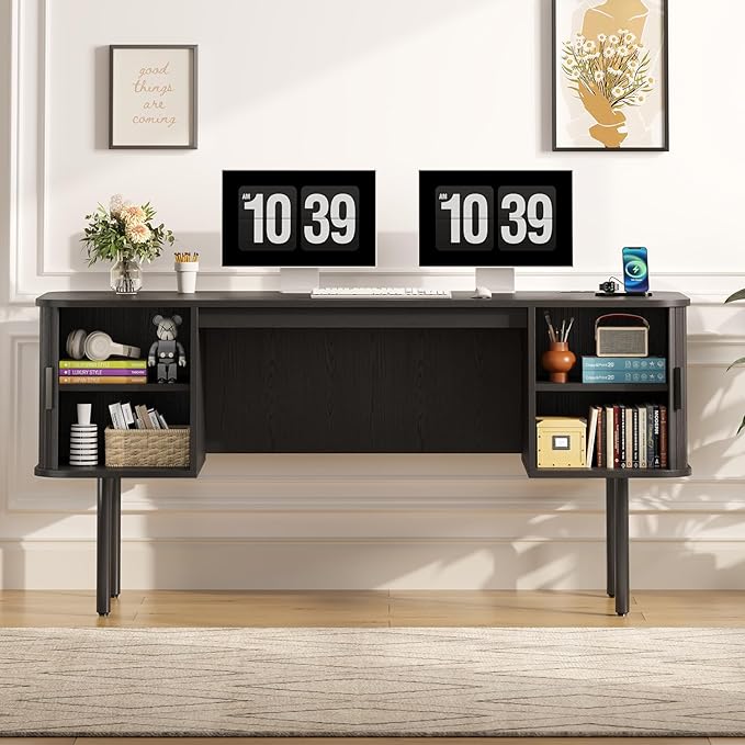 ONBRILL 63 Inch Fluted Computer Desk with Charging Station, Mid Century Executive Desk with 2 Storage Cabinets, Modern Home Office Large Desk with Metal Legs for Working, Studying, Writing, Black