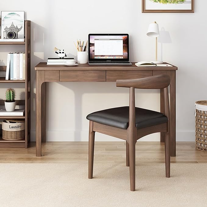 Solid Wood Desk with Drawers, Mid Century Modern Home Office Writing Desk, Vintage Computer Desk with Storage for Living Room, Bedroom(120x56x75cm, Walnut)