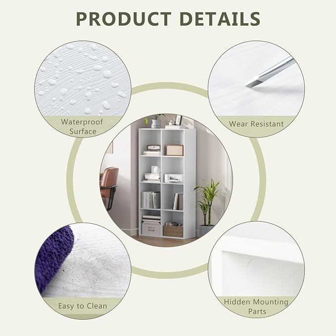 VDNEND Wooden Storage Organizer with Closed Back Panel, 11in Cube Shelf Opening, Bookshelf, Display Shelf,Closet Cabinet for Home and Office (Embossed White, 8-Cube 47.8L*9.45W*24.09H)