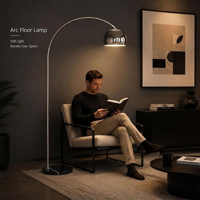 Murmurglow-71”Modern Arc Floor Lamp, Mid Century Adjustable Height Chrome Floor Lamp with Metal Shade,Book Reading Standing Light with Round Marble Base for Living Room, Bedroom,Office