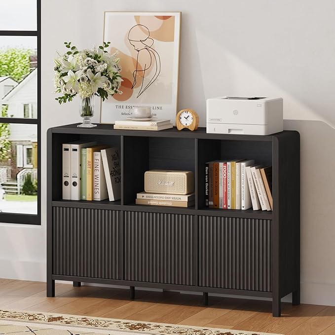 FATORRI 6 Cube Storage Organizer, Horizontal Bookcase with 3 Doors, Low Wood Bookshelf for Home Office, Bedroom, Living Room (Black)
