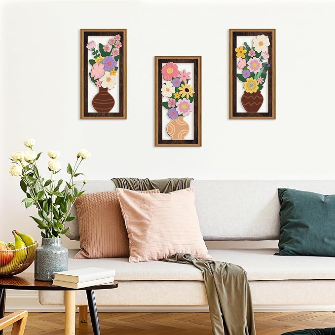 Celestdeco 3 Pcs Boho Flower Wall Decor,Boho Flower Wood Wall Art,Bohemian Floral Artwork Wooden,Pink Wildflower Wood Art Set,Flowers Potted Plant Bohemian Artwork for Living Room Bedroom Office
