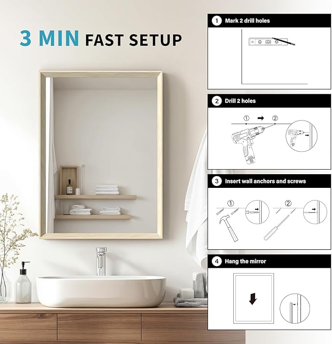 Oak Wood Effect Framed Wall Mirror, 36x40 Rectangle Mirror, Anti-desilvering Tempered Glass, Sustainable& Sturdy Frame, Anti-Rust, HD Reflection &3min Fast Setup for Bathroom Living Room