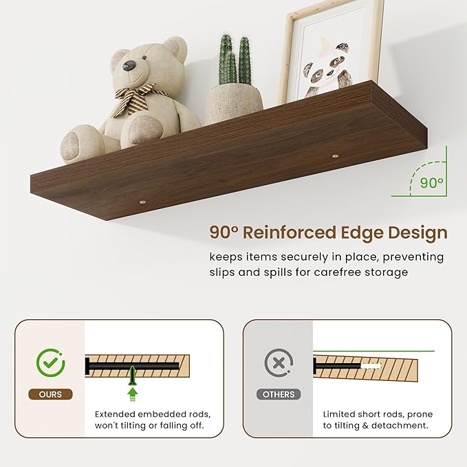 32in Floating Shelves for Wall, 32"W x 9.25"D x 1.25"H, 2 Pack Long Wall Mounted Engineered Wood Shelves with Invisible Brackets for Living Room, Bedroom, Bathroom, Kitchen Decor and Storage, Walnut