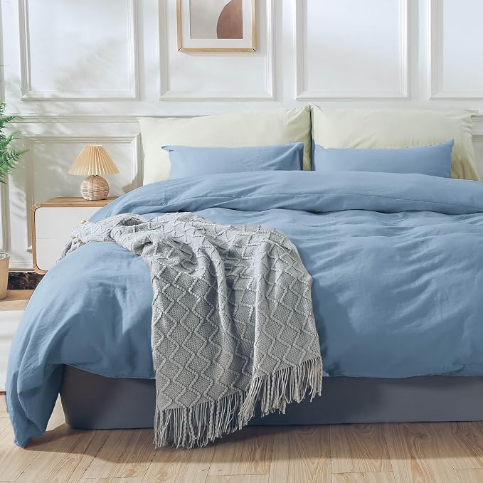 NEXHOME PRO Duvet Cover Set King Size 100% Washed Cotton Linen Look Textured Organic Natural 3 Pieces Bedding Set with Zipper Closure and Corner Ties, Breathable, Soft (Blue, No Comforter)