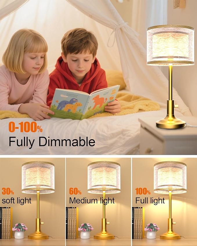 Lightdot Mid Century Table Lamp for Bedroom, Vintage Gold Dimmable Table Lamp with 2-Layer Lampshade, Farmhouse Bedside Lamp Nightstand Light for Living Room(Bulbs Included)